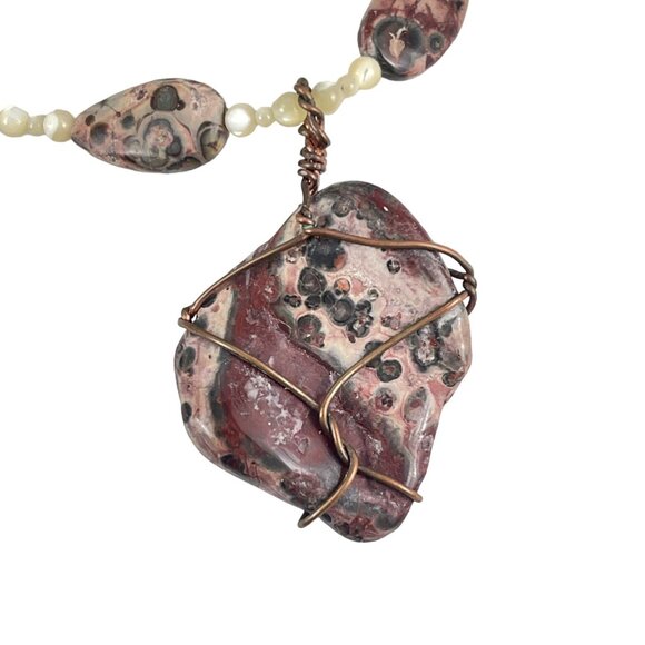 Handcrafted Leopard Skin Jasper & Pearl Necklace With Copper Wire Wrap Pendant - Picture 6 of 7